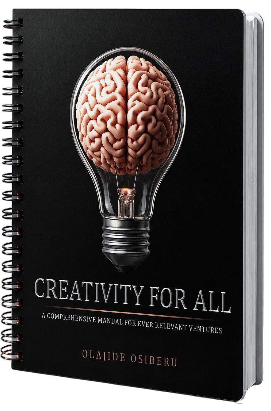 Creativity for All — spiral-bound book with a brain rising like a hot-air balloon inside a lightbulb on the cover